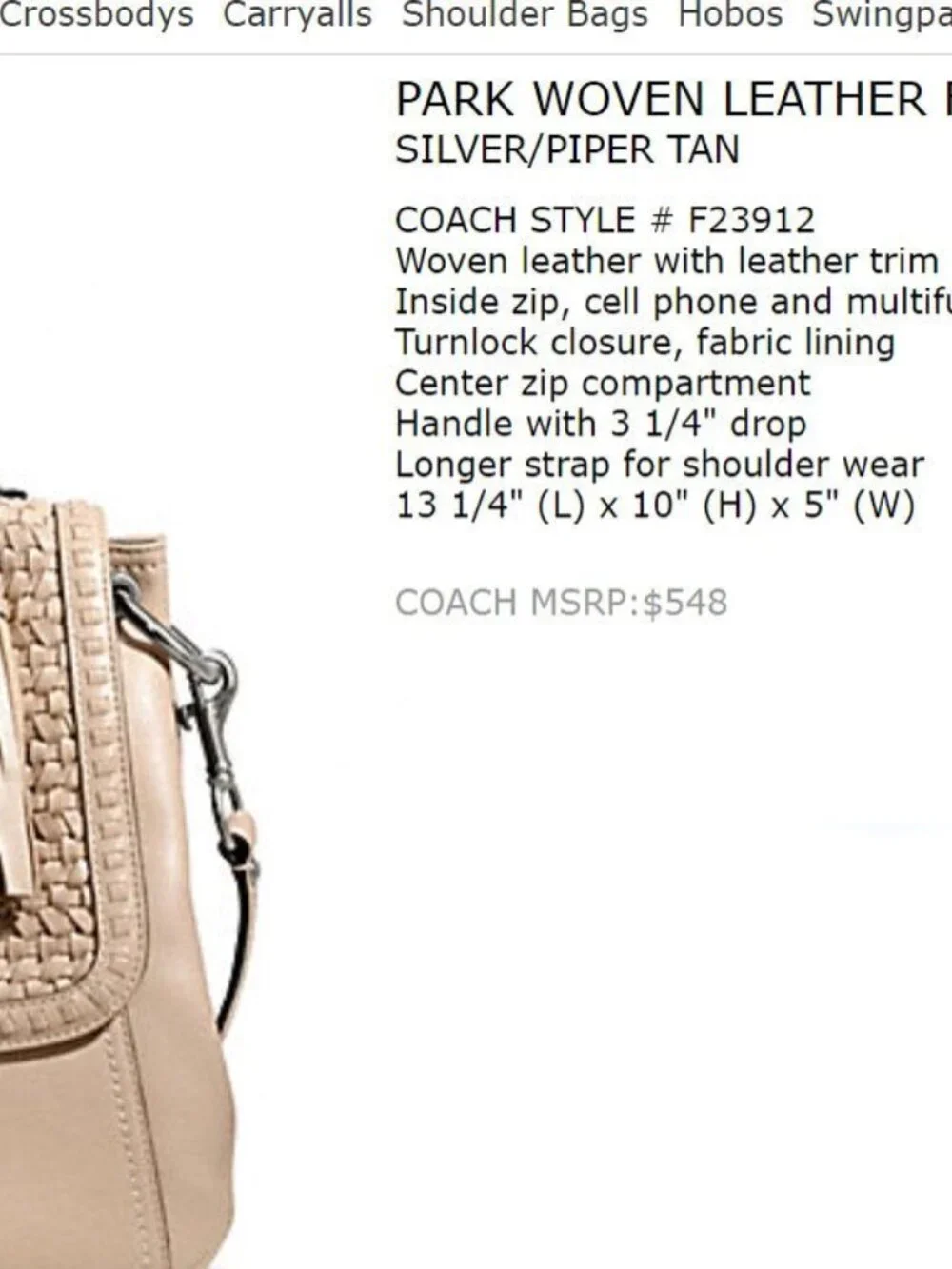 Coach Park Woven Leather Flap, style F23912 Tan Leather, satchel, NWOT - $548